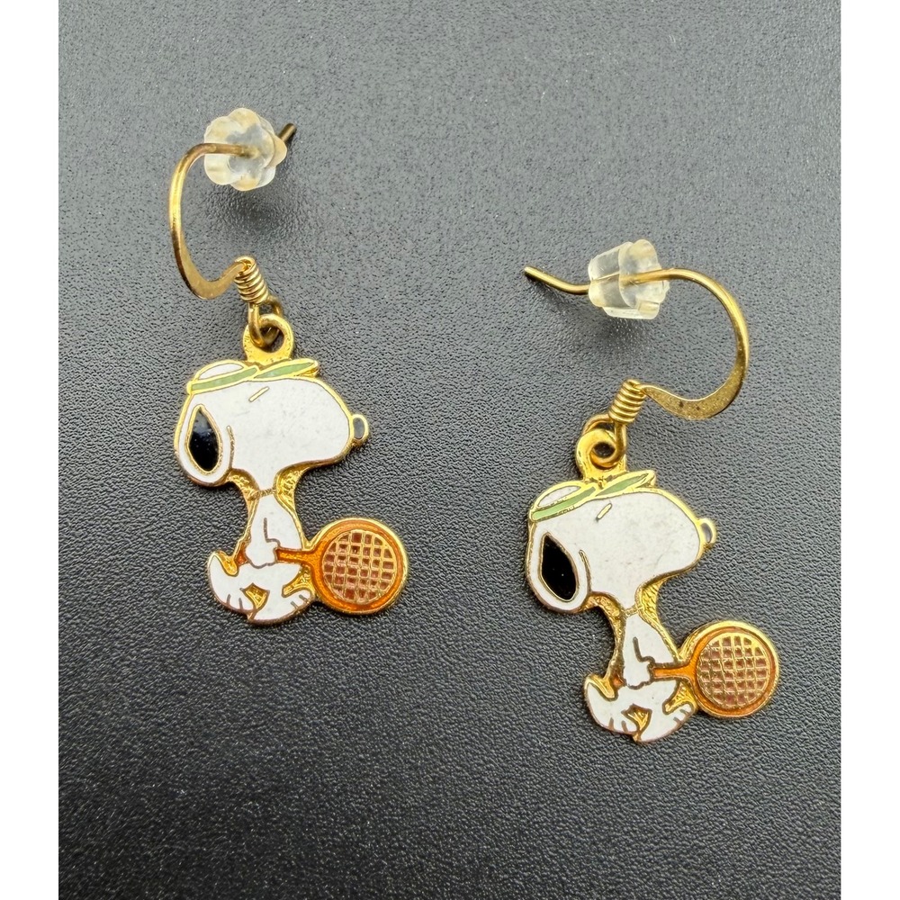 Aviva Taiwan Peanuts Snoopy Tennis Earrings Gold Tone Vintage Enamel READ